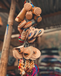 Close-up of hats for sale