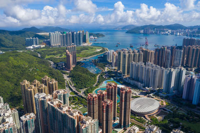 High angle view of city buildings