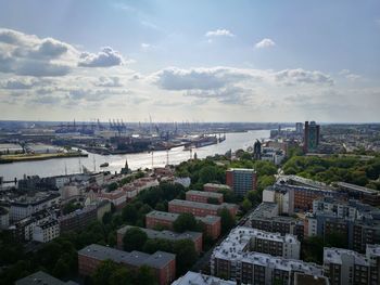 High angle view of buildings against sky