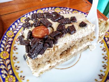 High angle view of cake in plate on table