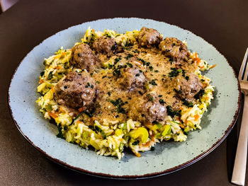 High angle view of food in plate