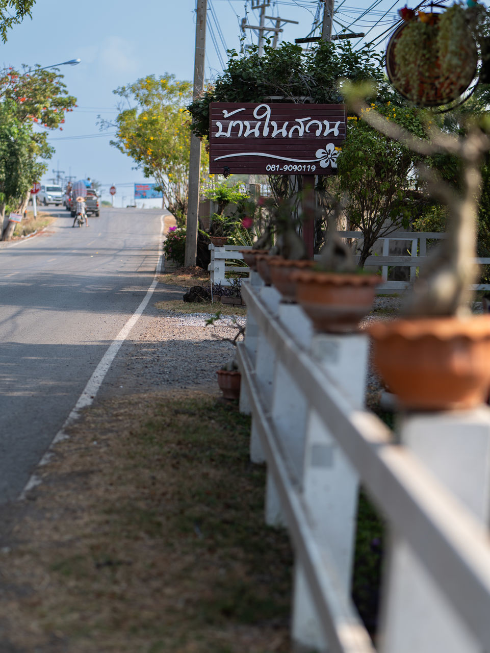 sign, text, communication, city, architecture, plant, western script, street, road, nature, day, tree, transportation, sky, outdoors, road sign, building exterior, urban area, no people, footpath, built structure, travel destinations, information sign, travel, vacation, food and drink, selective focus