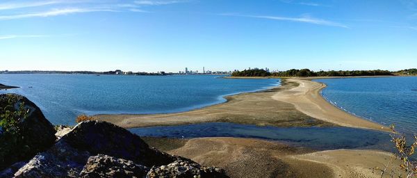 Scenic view of beach against clear blue sky