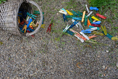 High angle view of multi colored toy on field