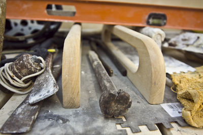 Close-up of tools on table