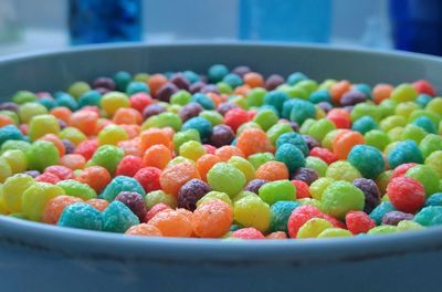 Close-up of colorful breakfast cereal in bowl