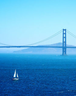 Suspension bridge over sea against clear blue sky