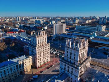 High angle view of buildings in city