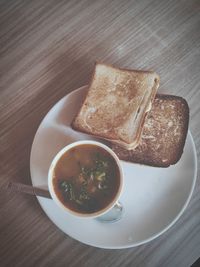 High angle view of breakfast served on table