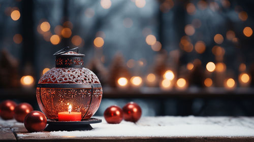 Close-up of christmas decorations on table