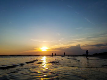 Four people walking in shallow sea water at sunset