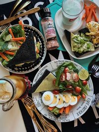 High angle view of food served on table