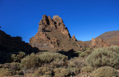 Rock formations on mountain against clear blue sky