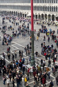 High angle view of people walking on street