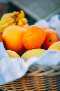 Close-up of fruits in wicker basket