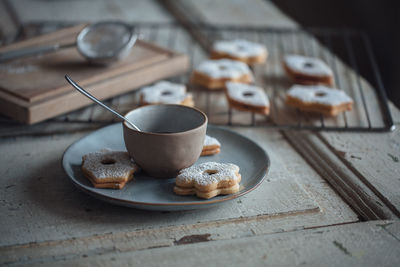 High angle view of cookies on table