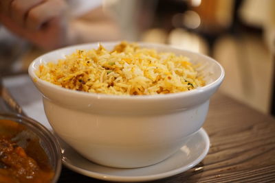 Close-up of noodles in bowl on table