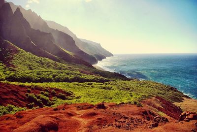 Scenic view of sea and mountains against sky