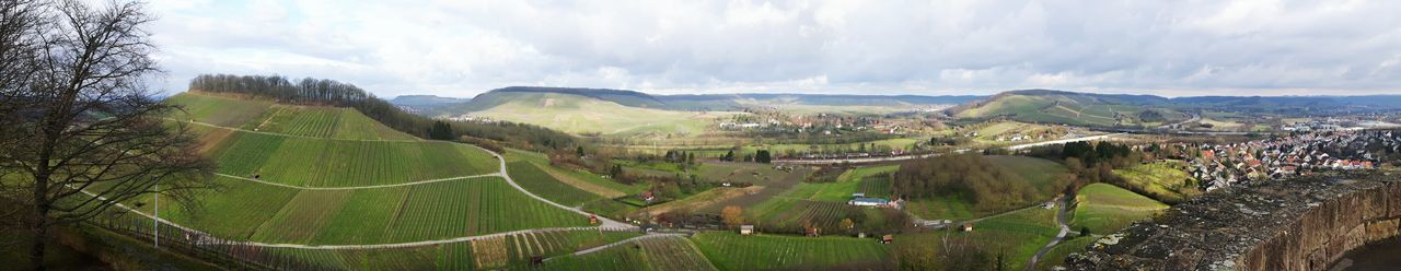 Panoramic view of green landscape against sky