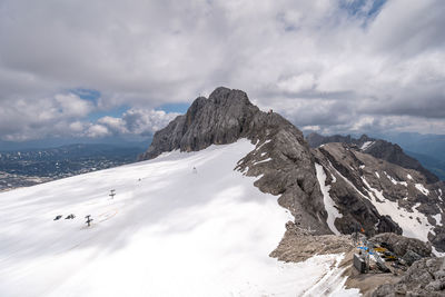 Scenic view of snowcapped mountains against sky