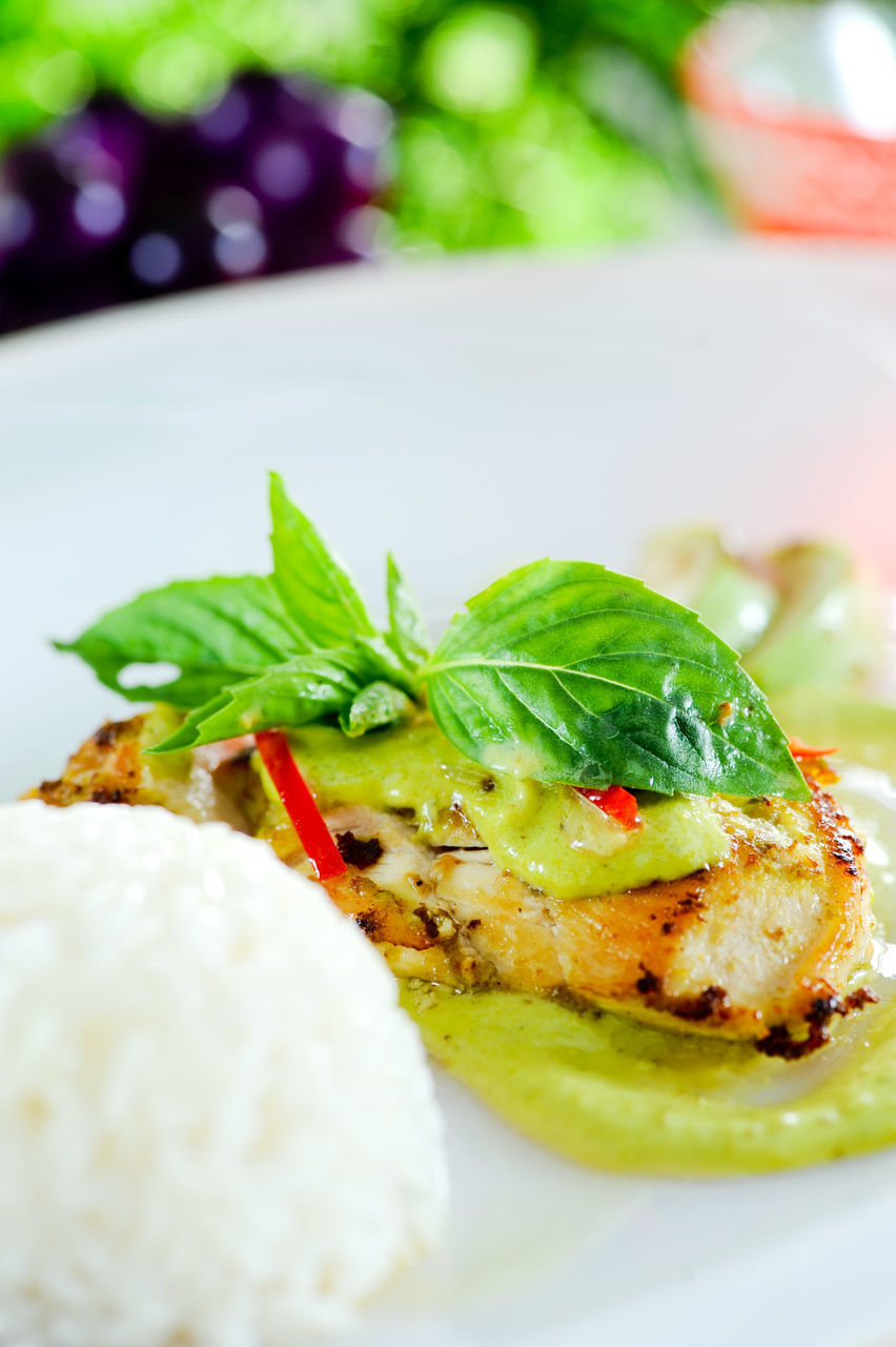 CLOSE-UP OF SERVED FOOD IN PLATE WITH SAUCE