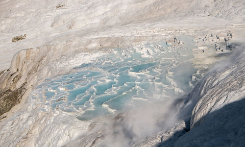 Aerial view of snow covered land