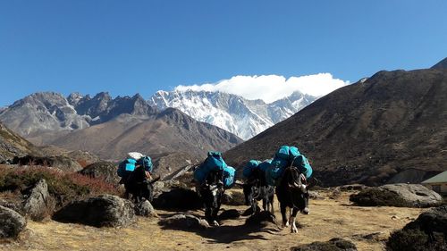 Group of people on mountain range against clear blue sky