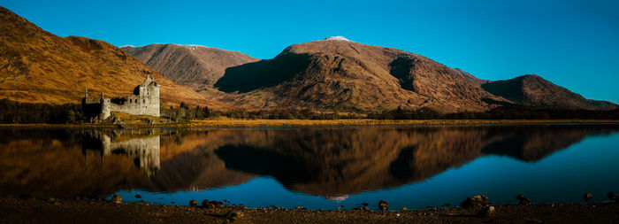 Scenic view of lake and mountains against clear blue sky