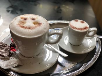 Close-up of coffee served on table