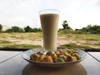 Close-up of breakfast served on table