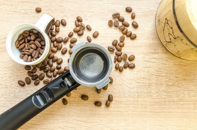 High angle view of coffee beans on table