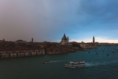 Aerial panorama of the grand canal and venice on a rainy day, italy