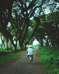 Rear view of man walking on footpath