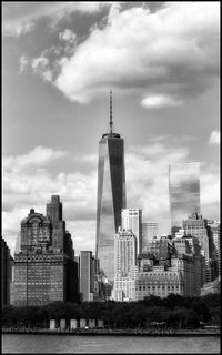 Skyscrapers against cloudy sky