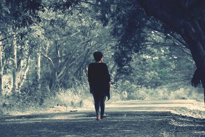 Rear view of man walking in forest