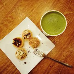 High angle view of food served on table