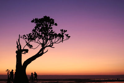 Silhouette people at beach against clear sky during sunset