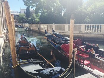 Boats moored on shore