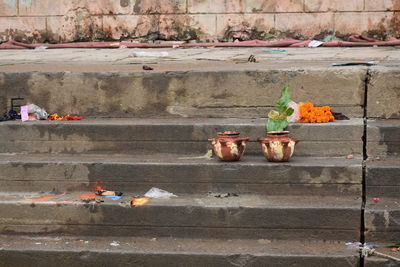 High angle view of vegetables on street against wall