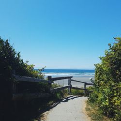 Scenic view of sea against clear blue sky