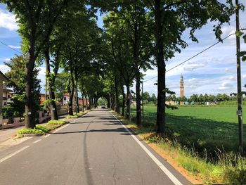 Road amidst trees against sky in city