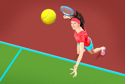 High angle view of female player playing tennis in court
