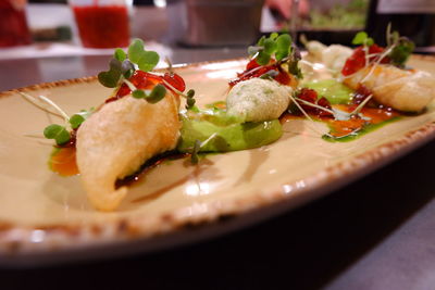 Close-up of served food in plate