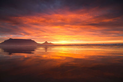 Scenic view of seascape by mountain during sunset