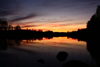 Reflection of trees in water at sunset