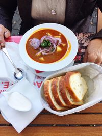 Directly above shot of soup served on table