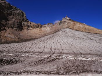 Low angle view of mountain against clear blue sky