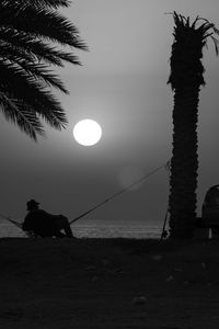 Silhouette of man with dog at night