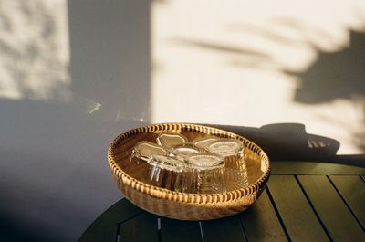 High angle view of coin on table