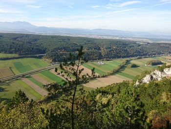 High angle view of agricultural field against sky
